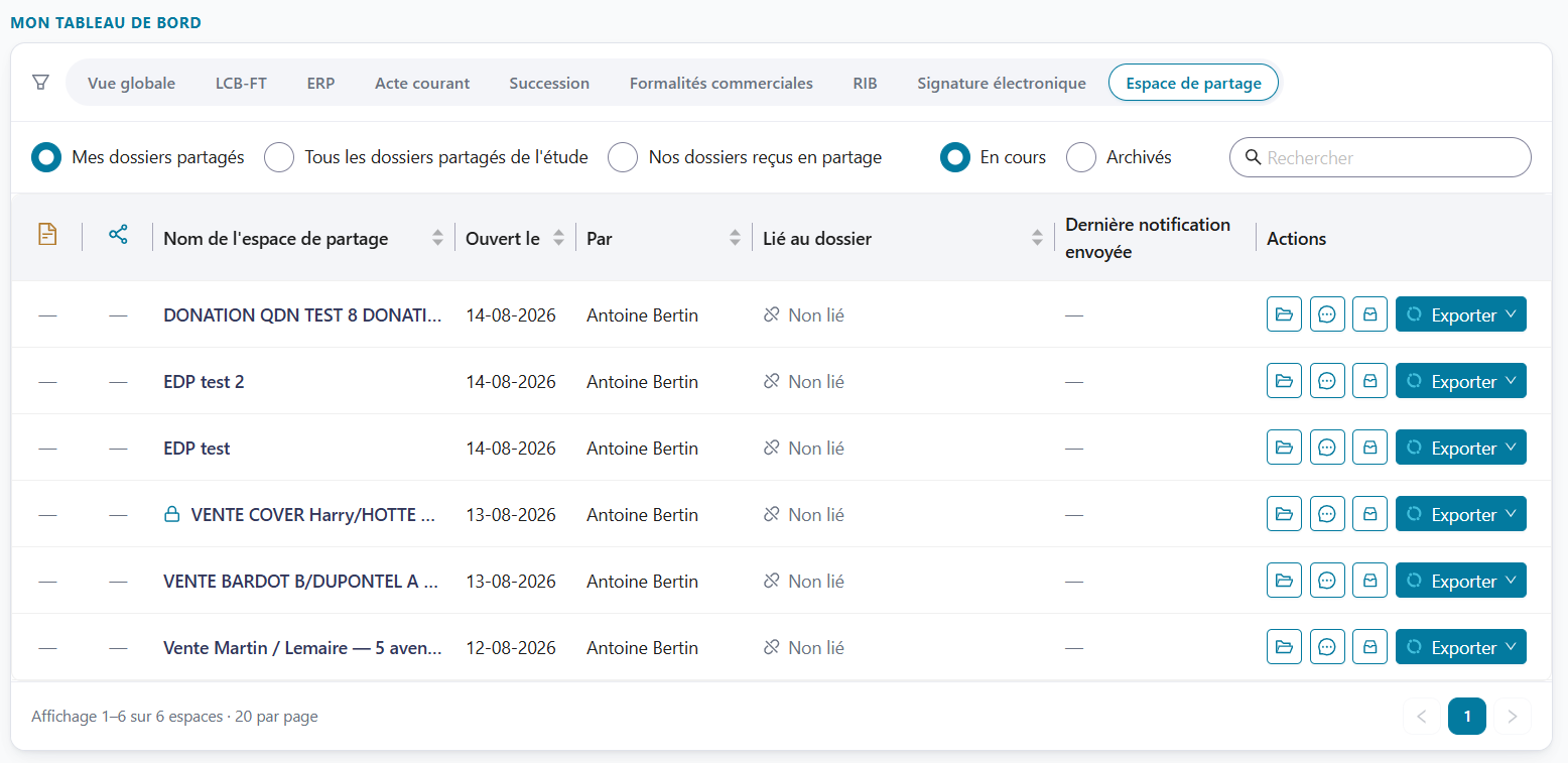 Interface Espace de Partage — Quai des Notaires